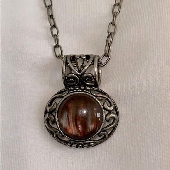 Victorian-Inspired Silver Tone Necklace with Brown Iridescent Stone Pendant - Picture 1 of 4